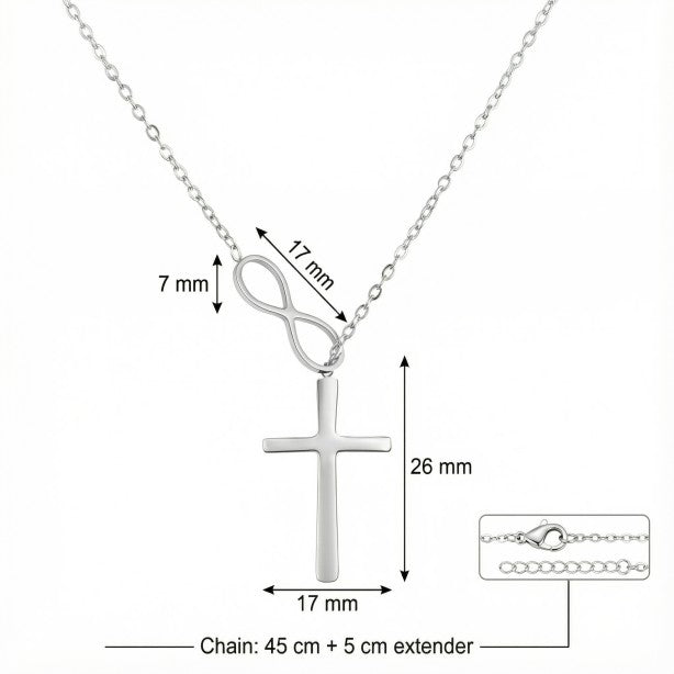 Silver necklace with cross pendant and chain measurements on a white background.