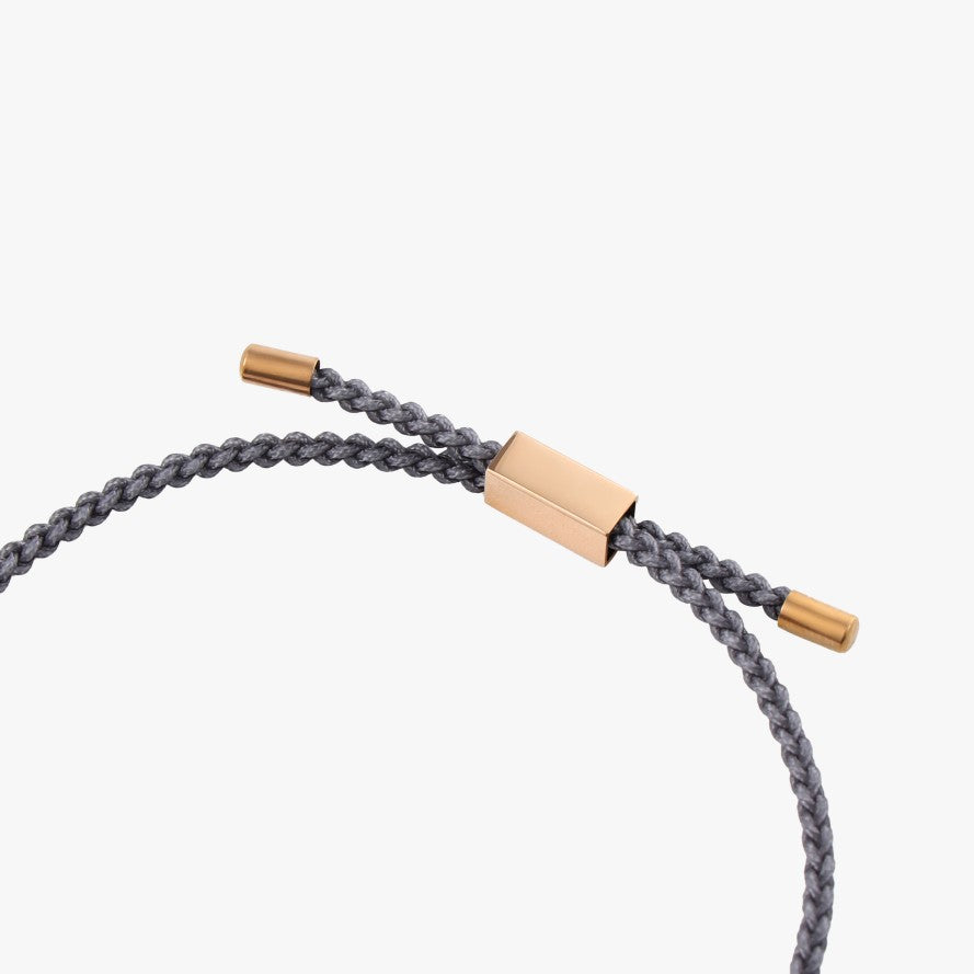 Gray braided cord with gold metal ends on a white background